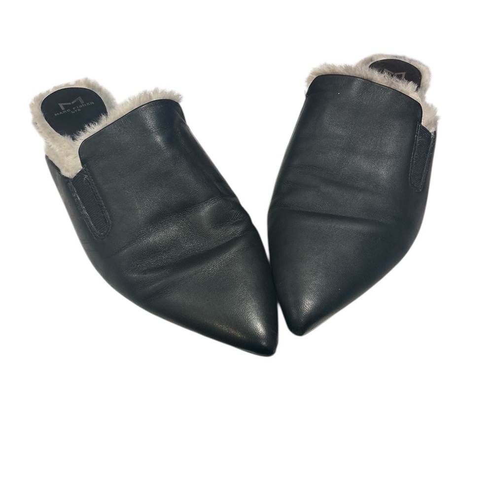 Marc Fisher Black Leather Loafers with Fur Trim